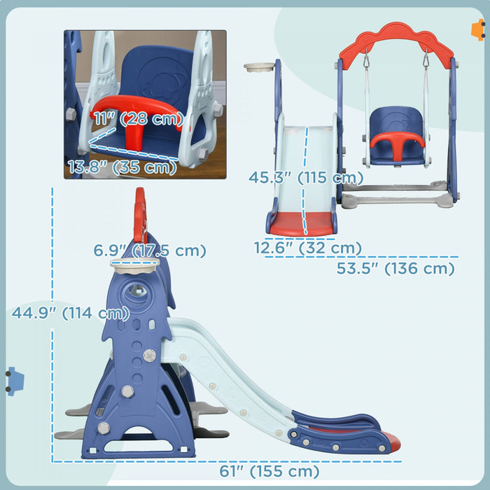 Qaba Kids Slide And Swing Set 3 In 1 Indoor Playground With Basketball Hoop, Adjustable Swing, Climb