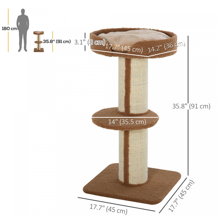 Pawhut 36"h Large Cat Scratching Post For Indoor Cats, Bold Cat Tree Multi-level Kitty Tower With Sisal Mat Scratch Rope, Pet Bed, Removable Cushion, Perch, Brown