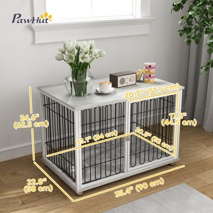 Pawhut 35in Dog Crate Furniture With Washable Cushion, Indoor Dog Kennel End Table With Adjustable F