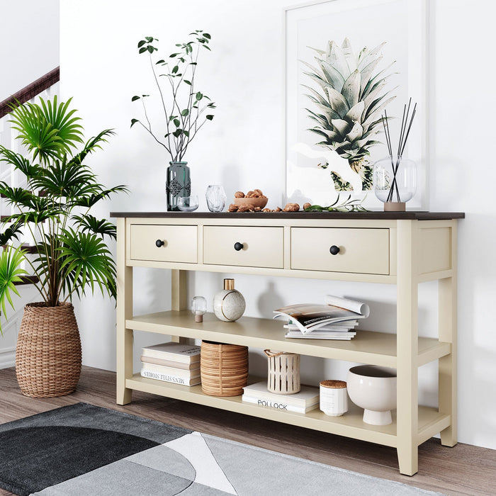 Wendy Solid Wood Console Table With 3 Drawers And 2 Open Shelves,beige Accent Cabinet 