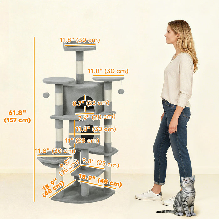 PawHut Cat Tree, 62" Multi-Level Cat Tower with Scratching Posts, 2 Condos, Hammock, Perches, Plush, Pompoms, for Indoor Kittens Playing, Resting, Sleeping, Light Grey