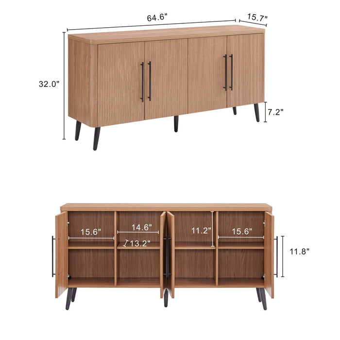 Jodie Mid-Century Modern 65\" Fluted Sideboard in Maple Buffet 