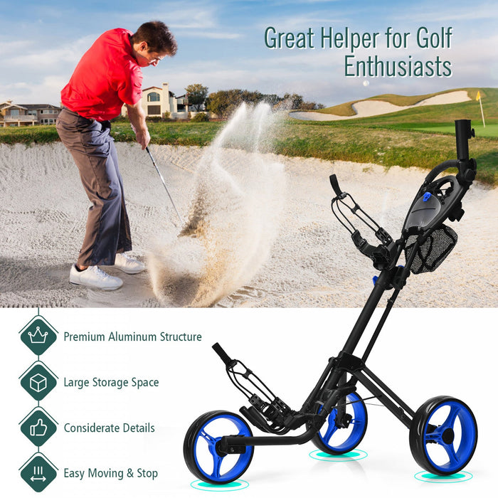 Goplus Folding 3 Wheels Golf Push Cart W/brake Scoreboard Adjustable Handle Blue