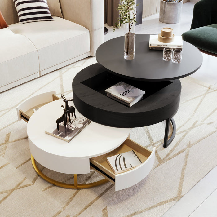 Sherry 31.5\" Round Engineered Wood Lift-top Nesting Coffee Table With Drawers - Black 