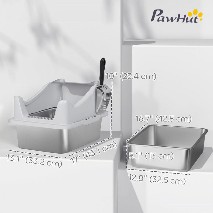 PawHut Cat Litter Box Stainless Steel, High Sided with Metal Litter Scoop, Never Absorbs Odors, Anti Leakage & Easy to Clean, 17" x 13" x 10", Grey