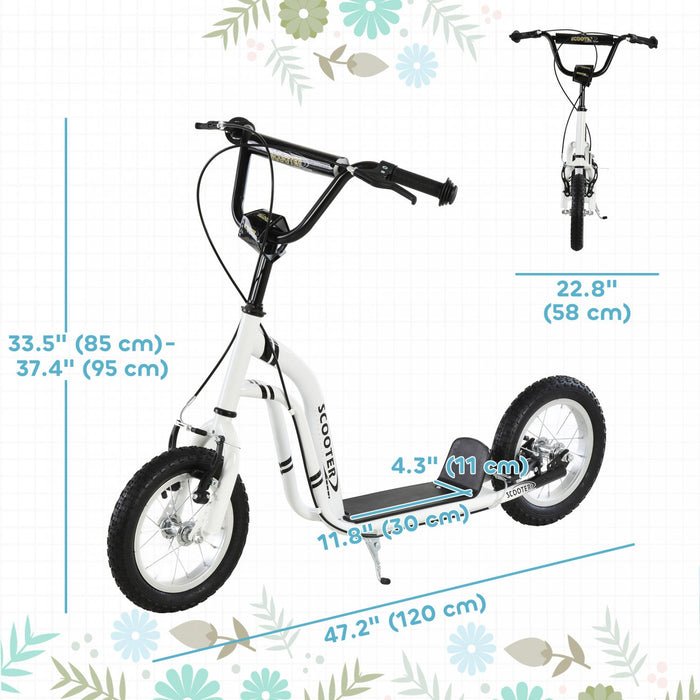 Aosom Youth Kick Scooter With 12'' Inflatable Rubber Wheel, Teens Scooter For Kids 5+ Year Old With Adjustable Height Handlebar, White