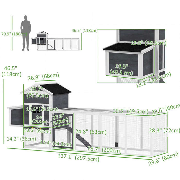PawHut 117" Chicken Coop, Wooden Rabbit Hutch with Chicken Run, Slide-out Tray, Asphalt Roof, Nesting Box - Grey and White