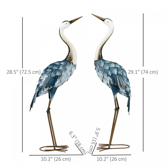 Outsunny 2 Pieces Crane Garden Statues Metal Yard Art Bird Sculptures, Blue