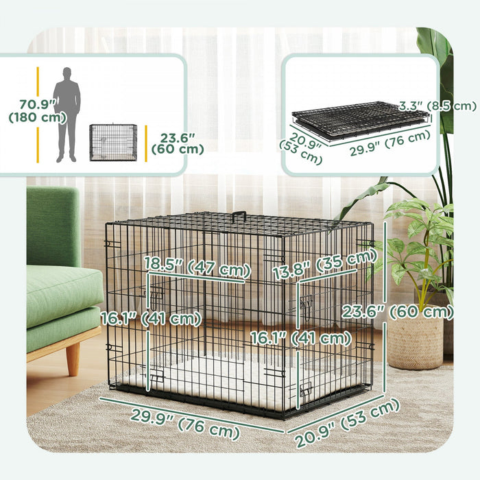 Pawhut Dog Crate, 30" Folding Metal Dog Kennel With 2 Doors, Removable Tray, Soft Cushion, Handle, Pet Cage For Small Dogs, Black