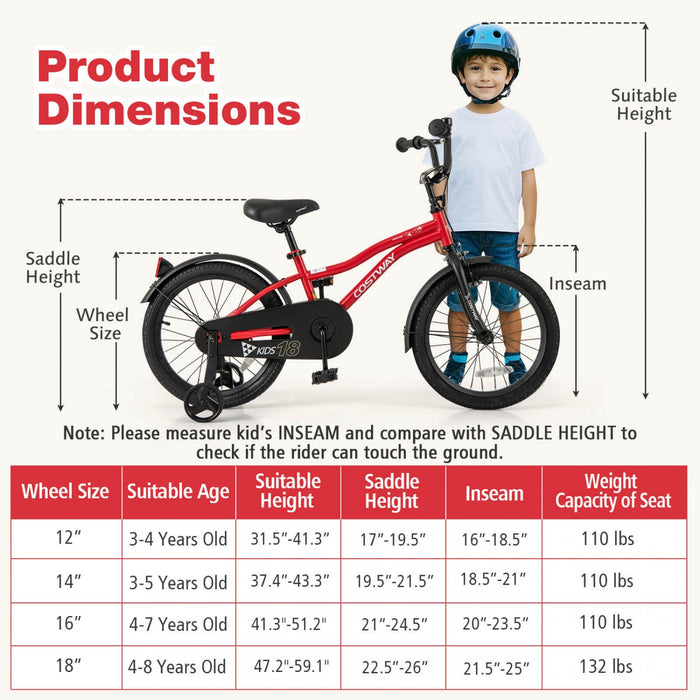 Costway 18" Kids Bike For 4-8 Years Old Boys & Girls With Adjustable Seat Handbrake Reflectors Red
