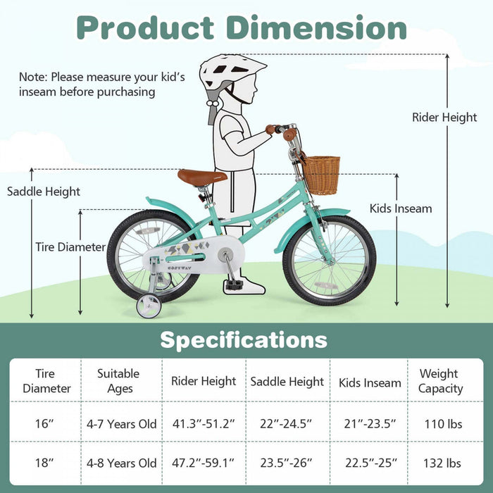 Costway 18" Kids Bike With Height Adjustable Handlebar Seat Basket Bell Training Wheels Green