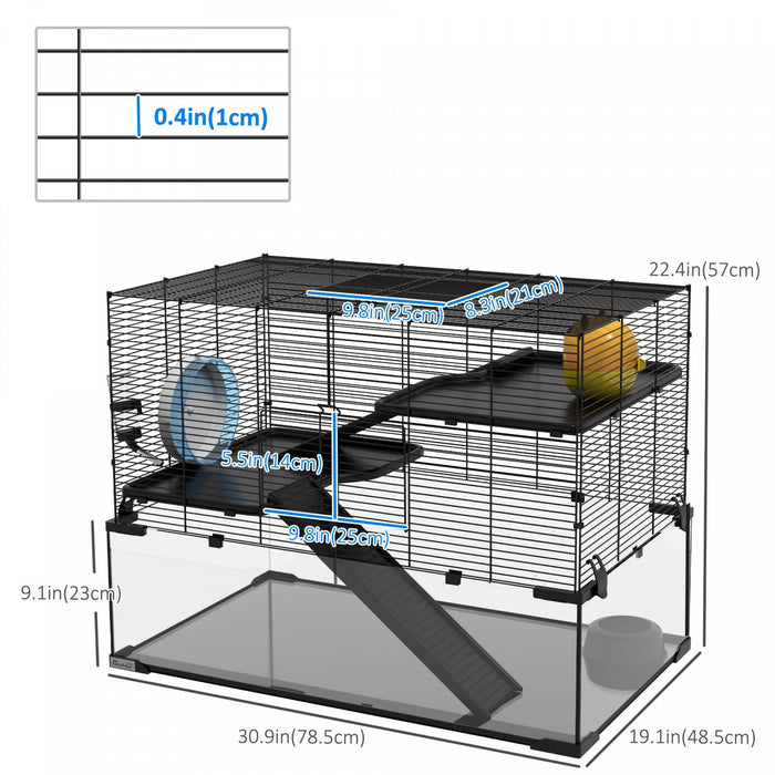 Pawhut Hamster Cage, Gerbil Cage With Glass Basin, Ramps, Platforms, Hut, Exercise Wheel, For Syrian