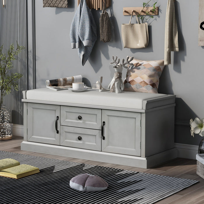 Boyce Solid Wood Storage Bench With 4-door Shoe Cabinet With Cushion -Grey 