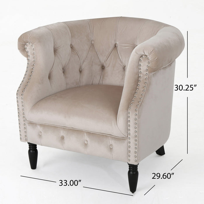 Akira Velvet Fabric Chair With Button Tufted And Nailhead Trim - Champagne 