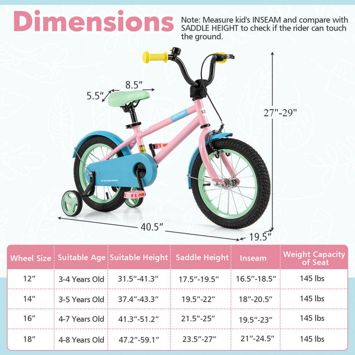 Costway 14" Kids Bike With Adjustable Saddle Handlebar Removable Training Wheels Handbrake Pink