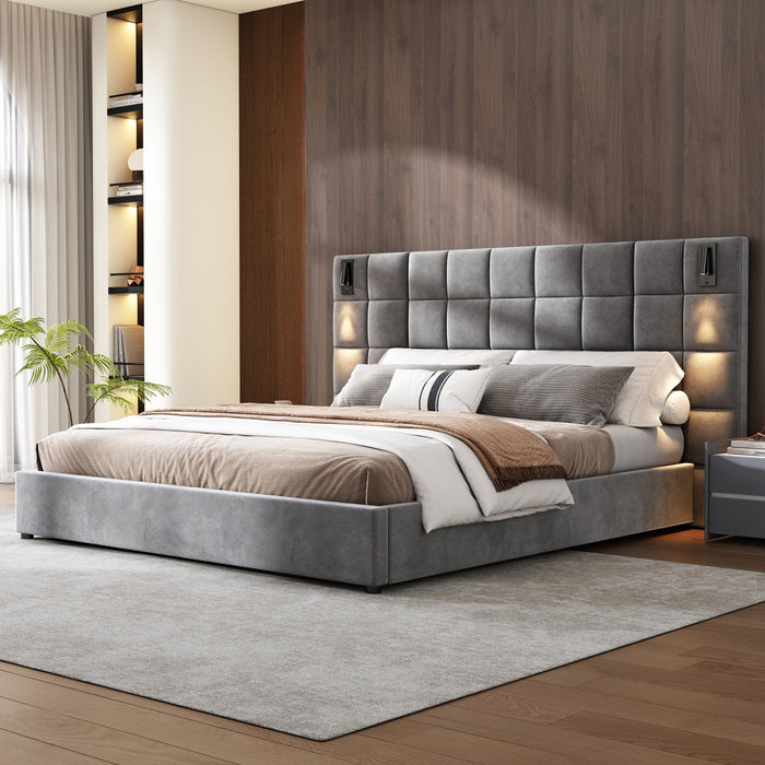 Ethan Velvet Platform Bed with Grid Headboard and USB Ports,Queen Size - Grey 