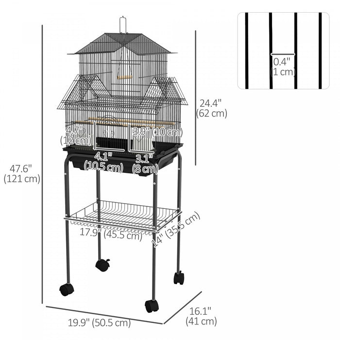 Pawhut 48" Bird Cage For Finches, Canaries, Budgies, Indoor Parrot Cage With Perch, Swing, Food Container, Slide-out Tray, Handle, Stand, Bottom Shelf, Black