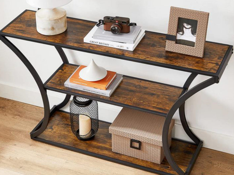 Premium Console Table With Storage Shelf - Reclaimed Wood Look With Black Metal 