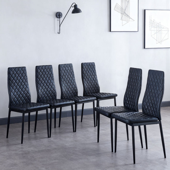 Ava Modern Diamond Grid Pattern Dining Chair Set (6-Pack) with Fireproof Leather and Metal Frame,Black  