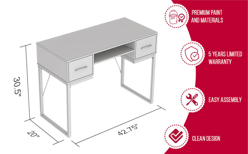 43” Computer Desk With 2 Drawers And 1 Shelf - Dark Grey With Black Metal Base 