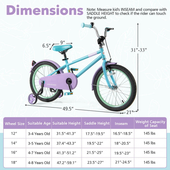 Costway 18" Kids Bike With Adjustable Saddle Handlebar Removable Training Wheels Handbrake Blue