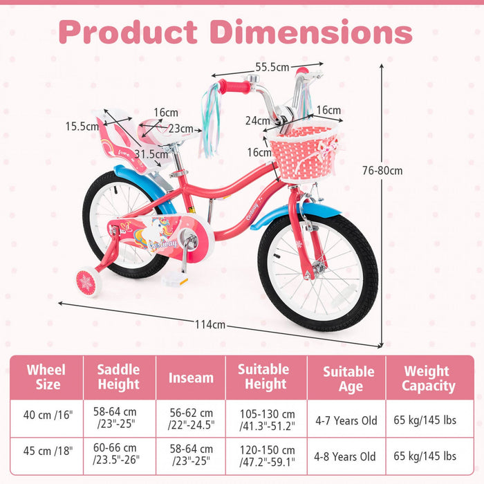 Costway 16" Kids Bike With Basket Doll Seat & Colorful Streamers 2 Training Wheels Pink