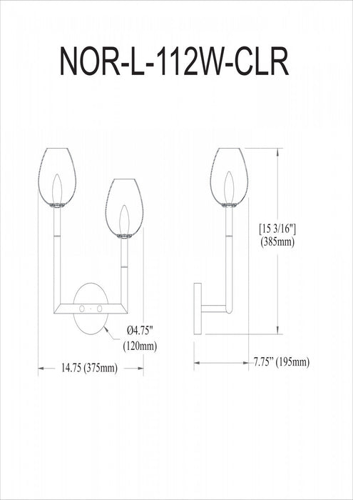 Dainolite Nora 2 Light Wall Sconce Left Matte Black Clear Glass Lamp