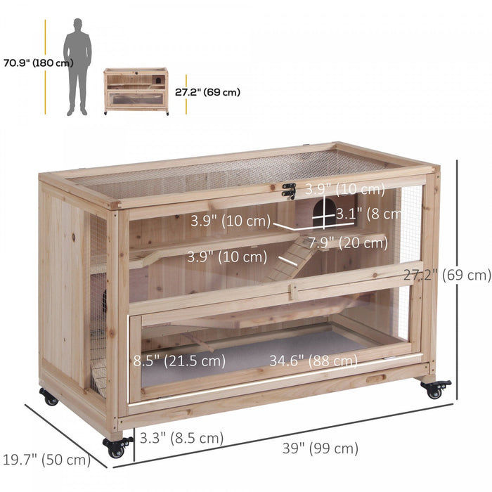 Pawhut 3 Tier Hamster Cage, Wooden Rat Cage Small Animal Habitat With Ladders, Huts, Wheels, Pull-ou