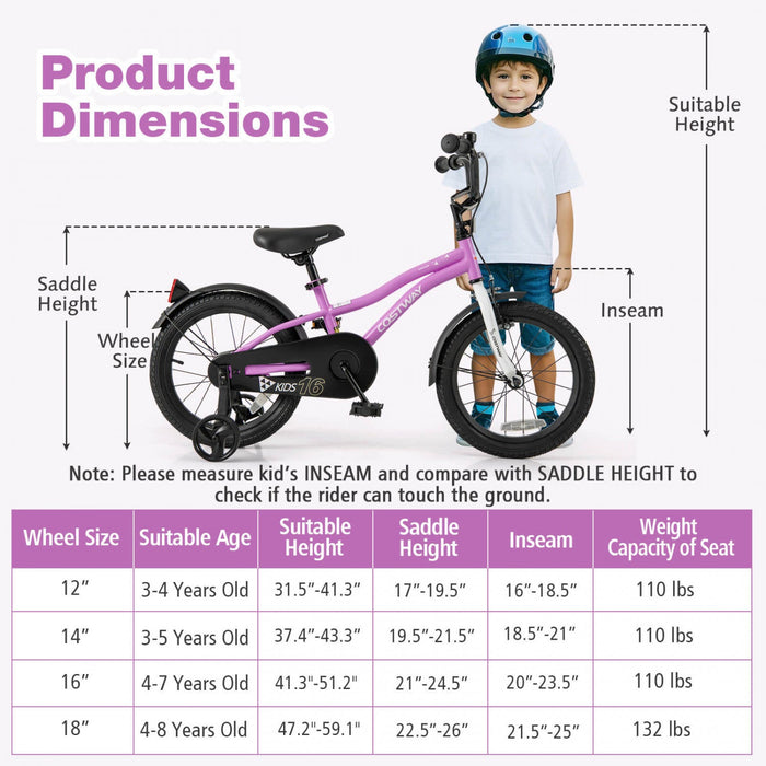 Costway 16" Kids Bike For 4-7 Years Old Boys & Girls With Adjustable Seat Handbrake Reflectors Purple