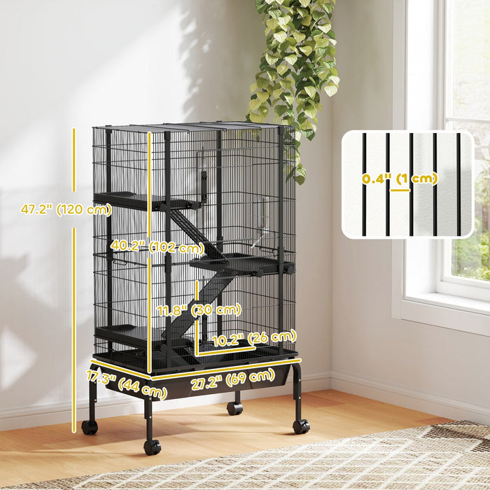 PawHut 47"H Ferret Cage, Large 4-Tier Guinea Pig Cage with Wheels, Ramps, Bowl, Water Bottle & Removable Tray, Metal Small Animal Habitat for Rabbits, Chinchillas, Black