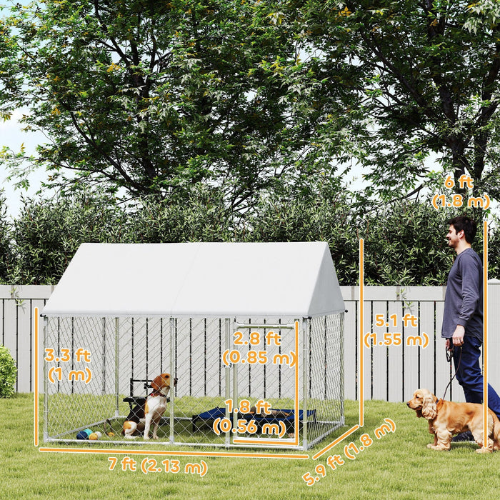 Pawhut Large Dog Kennel With Roof And Safety Lockable Latch, Heavy-duty Galvanized Steel Dog Run Chain Link W/ Waterproof Uv-resistant Cover, 7' X 5.9' X 5.1'