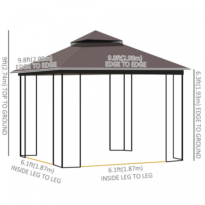 Outsunny 10' X 10' Outdoor Patio Gazebo Canopy With Double Tier Roof, Removable Mesh Curtains, Displ