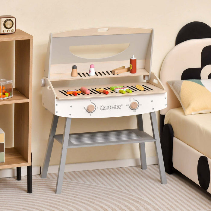 Costway Kids Barbecue Grill Playset, Wooden Kitchen Playset With Clip 4 Bbq Poles