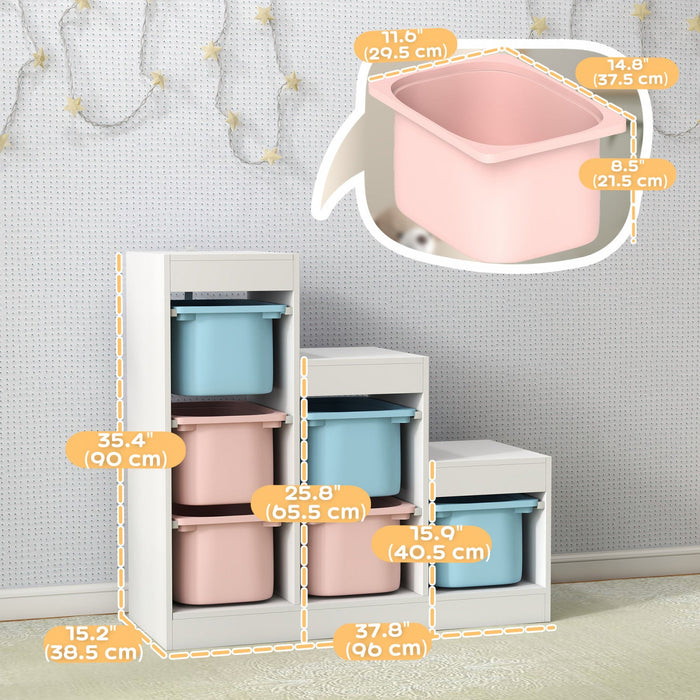Qaba Toy Storage Organizer with 6 Plastic Bins, 3 Layers Children Toy Storage with Anti-tipping Design, for Ages 3–8 Years, Study Room, Playroom, Blue & Pink