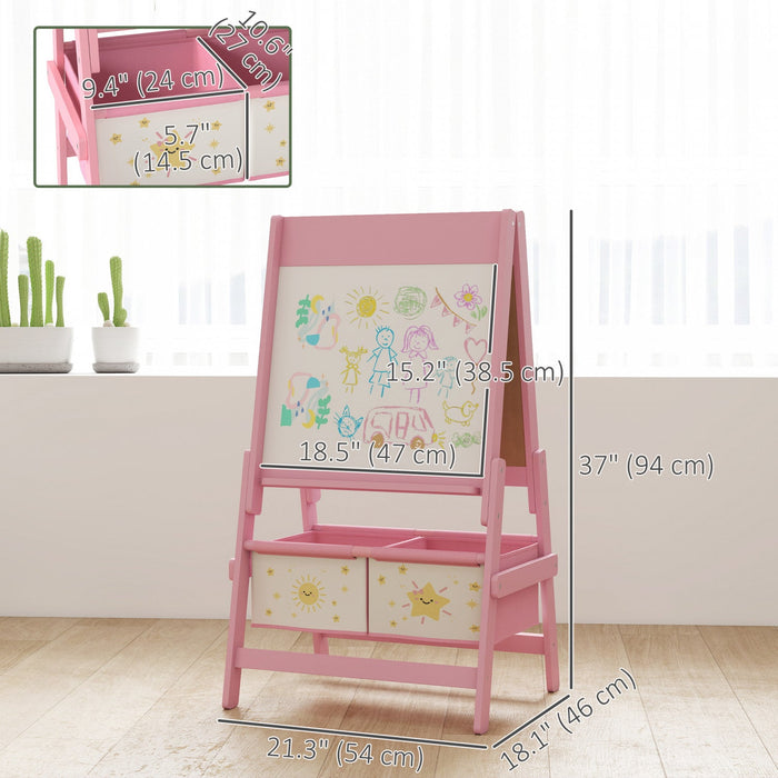 Qaba Art Easel For Kids, 3-in-1 Double-sided Kids Easel With Paper Roll, Whiteboard & Chalkboard, 2 Storage Boxes, Gift For Boys, Girls Ages 3-8, Pink
