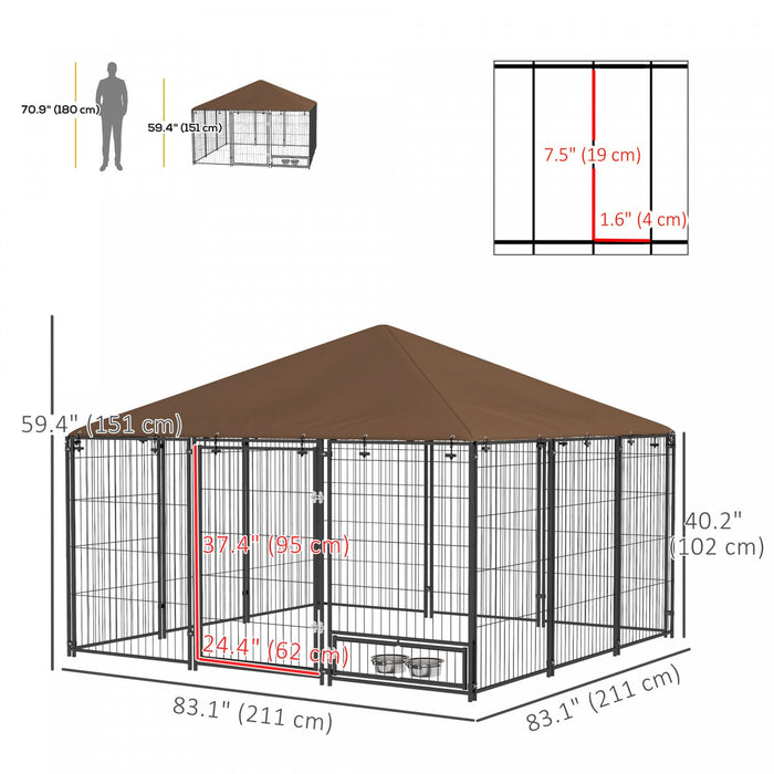 Pawhut Dog Run, 6.9' X 6.9' X 5' Outdoor Dog Kennel With Canopy, Rotating Bowls, Door For Backyard &