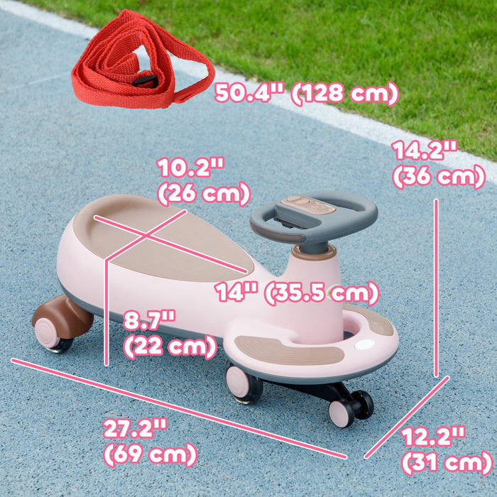Qaba Wiggle Car For Toddlers 2-6 Years, Kids Swing Car W/ Parent Traction Rope, Music, Light, Ride O