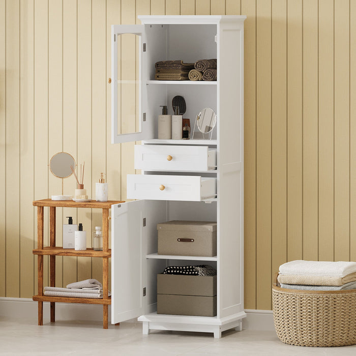 Jamie 63\" Pine Wood Tall Bathroom Storage Cabinet With Adjustable Shelves And Glass Doors - White 
