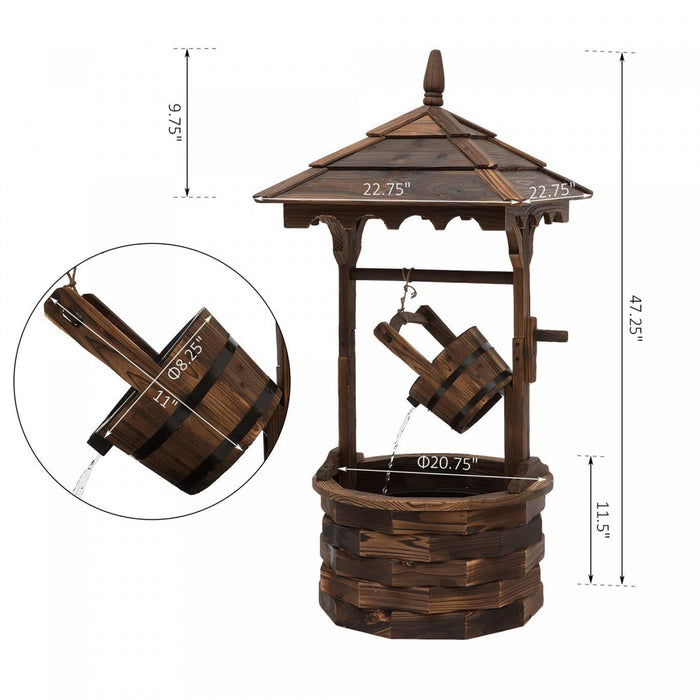 Outdoor Wooden Wishing Well Fountain With Hanging Barrel, 47.25\" Tall Rustic Waterfall Fountain With