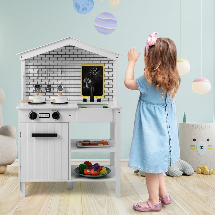 Costway Kids Farmhouse Kitchen Play Set Wooden Pretend Toy With Storage & Accessories