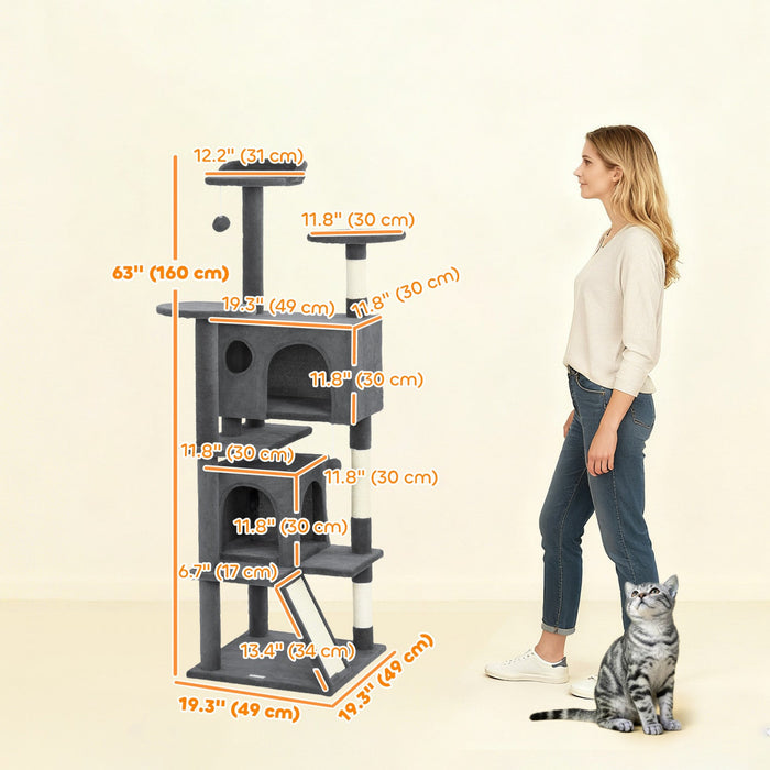 PawHut 63" Cat Tree, Cat Tower for Indoor Cats with Scratching Posts, Cat Condos, Bed, Platforms, Ramp, Toy Ball, Cat Activity Center, Dark Grey