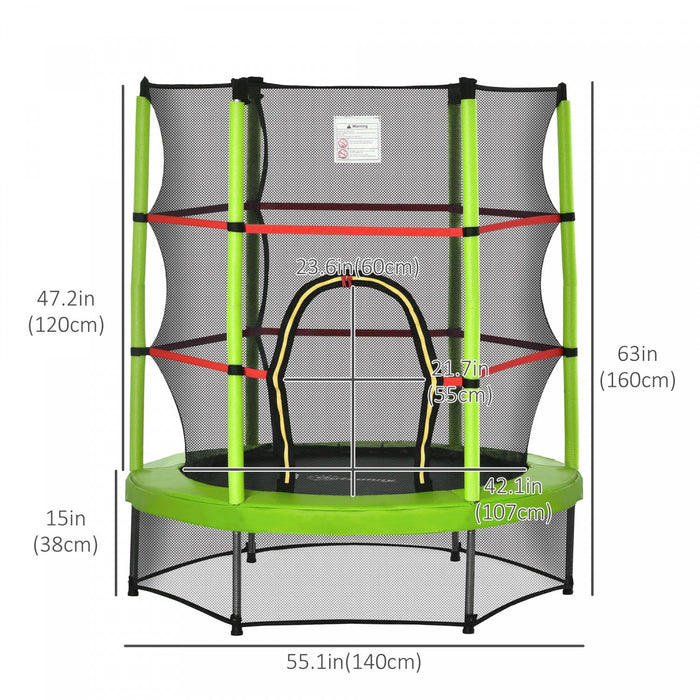 Outsunny Φ55\" Kids Trampoline With Enclosure Net Steel Frame Indoor Round Bouncer Rebounder Age 3 To