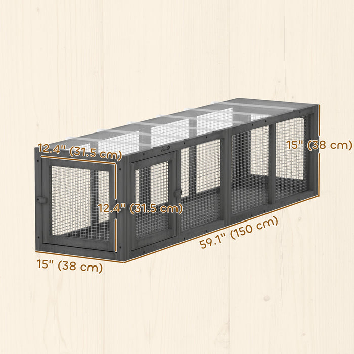 PawHut Outdoor Cat Tunnel, 60" Wooden Play Cat Enclosure, Extendable Pet Run with 3 Doors, for Indoor and Outdoor Use, for Kitty, Puppy, Grey