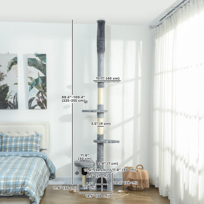 PawHut Floor to Ceiling Cat Tree, 4 Tiers Cat Tower, Adjustable Height 89-100", Tall Kitty Climbing Tower w/ Scratching Post, Condo, Bed, Perches, Dangling Ball for Indoor Kittens