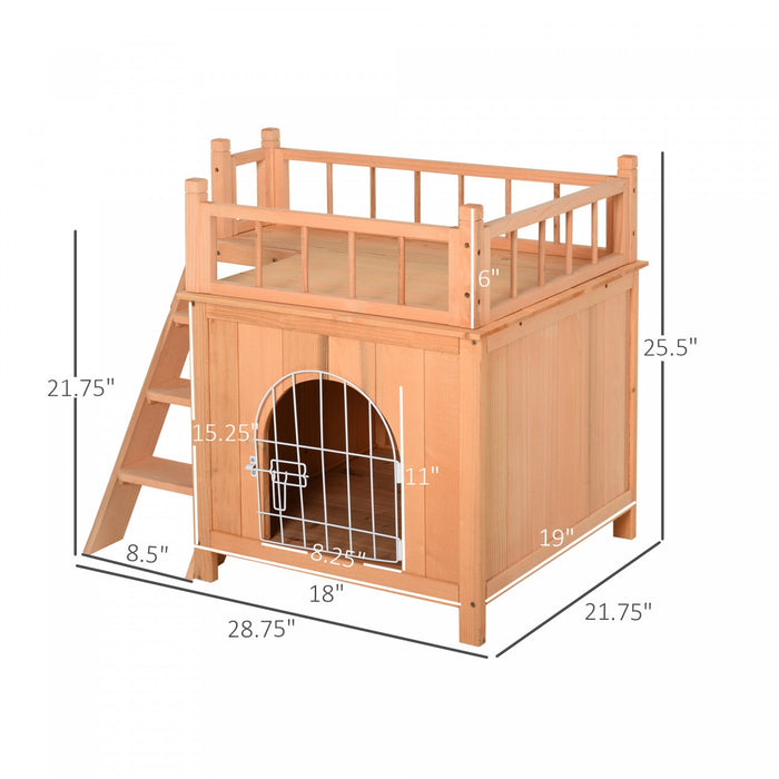 Pawhut 2-story Pet House For Cats Miniature Sized Dogs, Wooden Kitten Shelter With Enclosure, Balcon