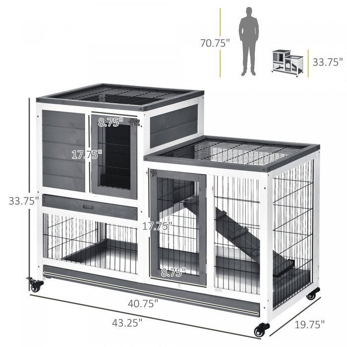 Pawhut Rabbit Hutch Indoor Bunny Cage Guinea Pig House On Wheels With Run, Pull Out Trays, Grey And 