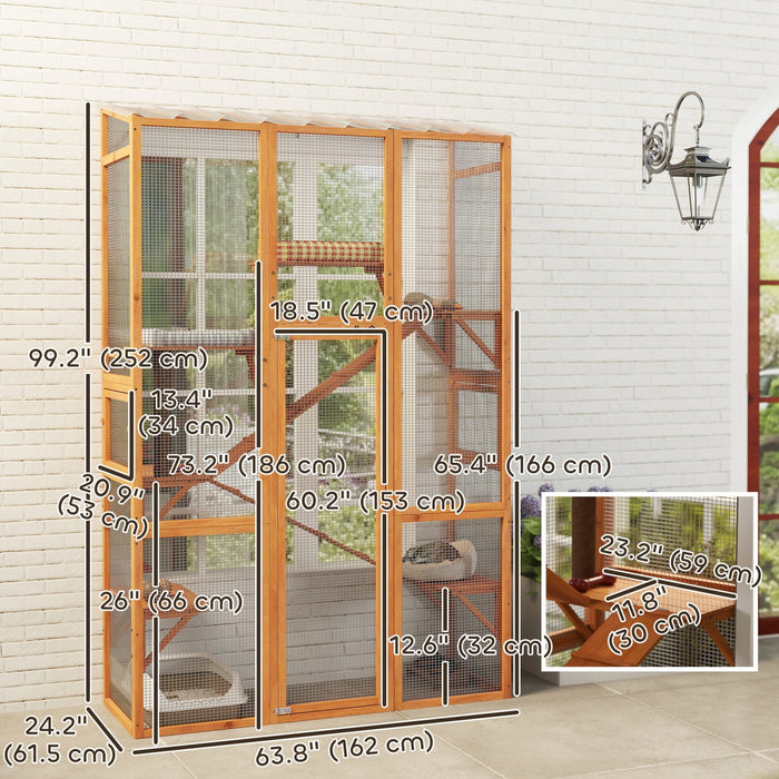 Pawhut Catio Outdoor Cat Enclosure, Large Wooden Cat House With 6 Jumping Platforms, Scratching Post, 2 Ramps, Waterproof Roof, Outdoor Cat Cage For 2-3 Kittens, 64" X 24" X 99"