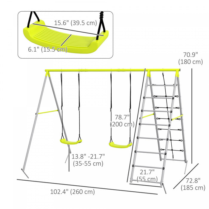 Outsunny 4 In 1 Metal Swing Set With Double Swings, Climber, Climbing Net, Heavy Duty Swing Set For 