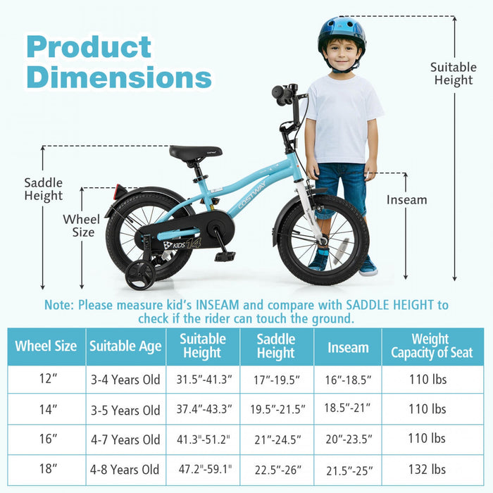 Costway 14" Kids Bike For 3-5 Years Old Boys & Girls With Adjustable Seat Handbrake Reflectors Blue