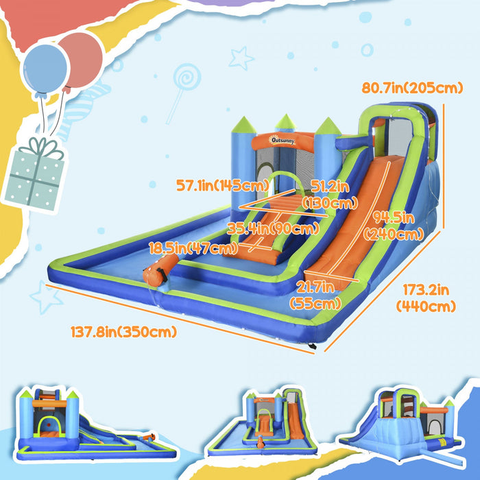 Outsunny 5 In 1 Kids Bounce House With Double Slides Pool Trampoline Climbing Wall Water Cannon, Inf